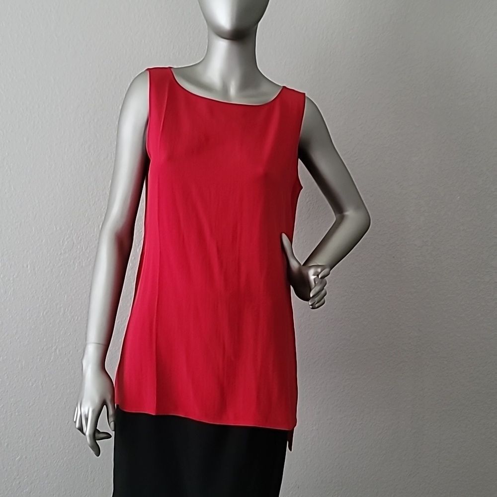 Eileen Fisher Scarlet Silk Georgette Crepe Bateau Neck Long Shell Top Large